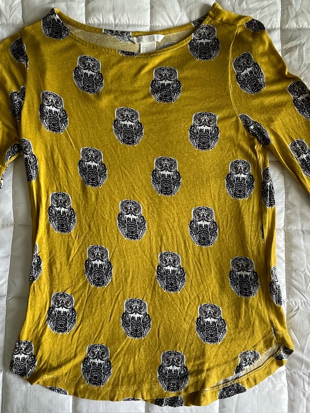 Women’s H&M Mustard Yellow Long Sleeve Top with Black Owl Print
